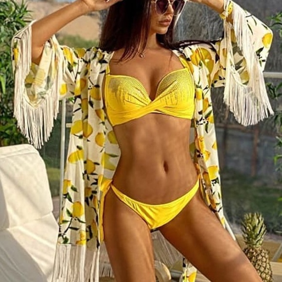 SOLD OUT CLEARANCE Yellow Rhinestone Crystal Shimmer Bikini Swimsuit - Picture 2 of 5